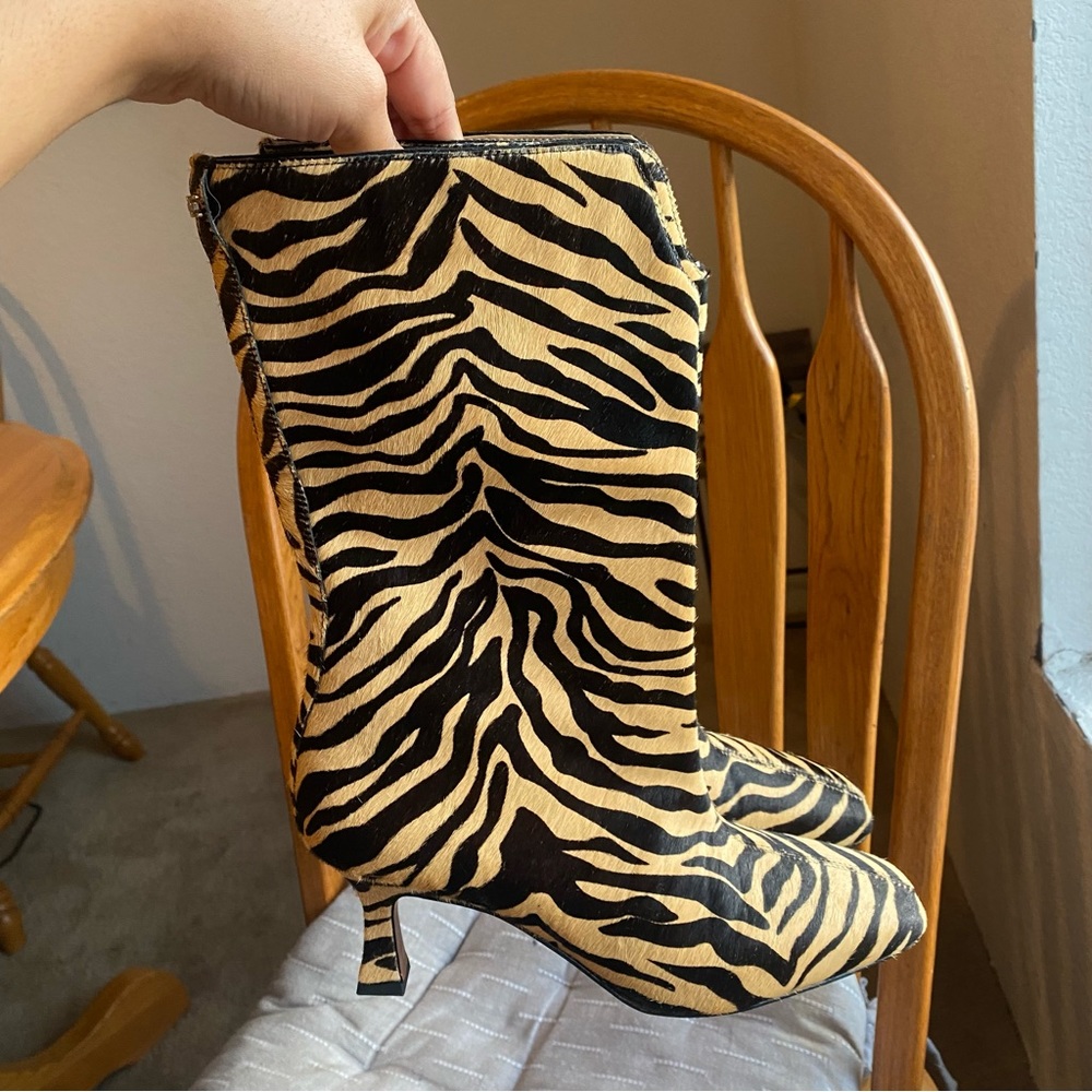 SAM EDELMAN Brown Zebra Calf Hair Lolita Square Toe Kitten Heel Leather Boots